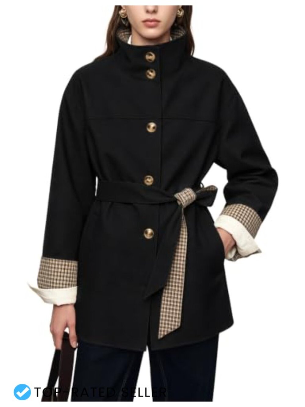 Women's Belted Trench Coat Plaid Trim Button Front Lightweight